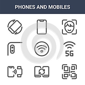 9 phones and mobiles icons pack. trendy phones and mobiles icons on white background. thin outline line icons such as qr code, g, photo