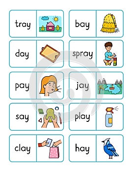 Phonics -ay- sound dominoes game. Match the words with pictures activity page