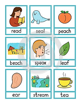 Phonics flashcards with -ea- spelling rule. Flash cards with phonics sound words