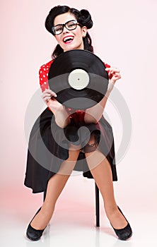 Phonography analogue record Girl pin-up retro