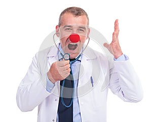 Phony doctor screaming in his stethoscope photo