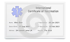 Phony filled immunization certificate. Forged immune passport photo