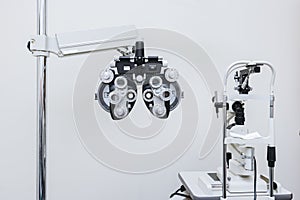 Phoropter close up view of ophthalmology, optometry, and optician clinical testing machine equipment