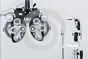 Phoropter close up view of ophthalmology, optometry, and optician clinical testing machine equipment
