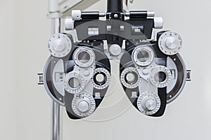 Phoropter close up view of ophthalmology, optometry, and optician clinical testing machine equipment