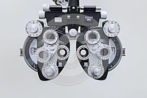 Phoropter close up view of ophthalmology, optometry, and optician clinical testing machine equipment