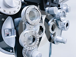 Phoropter close up view of ophthalmology, optometry, and optician clinical testing machine equipment