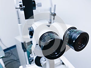 Phoropter close up view of ophthalmology, optometry, and optician clinical testing machine equipment