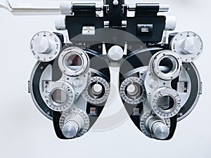 Phoropter close up view of ophthalmology, optometry, and optician clinical testing machine equipment
