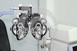 Phoropter eyesight measurement testing machine, optical equipment for testing vision in optical shop. Eye health check