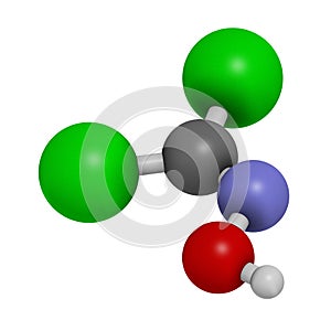 Phosgene oxime chemical weapon molecule. 3D rendering. Atoms are represented as spheres with conventional color coding: hydrogen