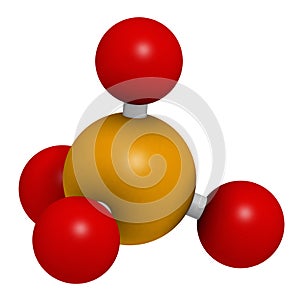 Phosphate anion, chemical structure. 3D rendering. Atoms are represented as spheres with conventional color coding: phosphorus (