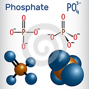 Phosphate anion molecule . Structural chemical formula and mole photo