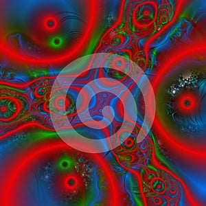 Phosphorescent green red gold playful forms stars swirls lights sky shapes fractal, abstract geometries, background