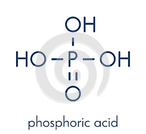 Phosphoric acid mineral acid molecule. Used in fertilizer production, biological buffers, as food additive, etc. Skeletal formula. photo