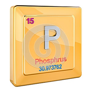 Phosphorus P, chemical element sign with number 15 in periodic table. 3D rendering