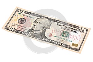 Photo of 10 dollars bill stacked end isolated on white backgroun