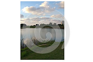 Blue sky, white clouds .