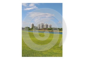 Blue sky, white clouds .