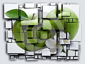 Photo 3D cubes effect green Apple. 3D rendering.