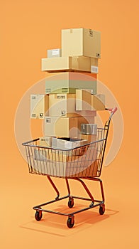 Photo 3D rendering cartons placed in a digital shopping cart setup