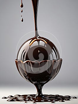 Photo Of 3D Rendering Of Melted Dark Chocolate Pouring And Folding On Sphere, M And Ground Plane, Isolated On White. Generative AI