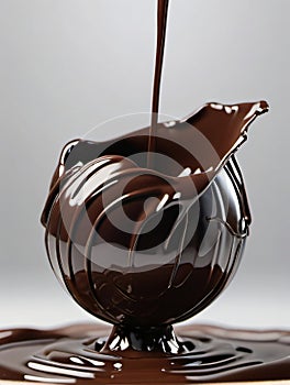 Photo Of 3D Rendering Of Melted Dark Chocolate Pouring And Folding On Sphere, M And Ground Plane, Isolated On White. Generative AI