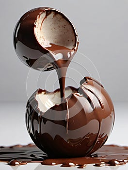 Photo Of 3D Rendering Of Melted Milk Chocolate Pouring And Folding On Sphere, M And Ground Plane, Isolated On White. Generative AI