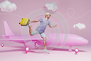 Photo 3d sketch collage picture of funky excited guy hurrying airflight check in isolated pink creative background