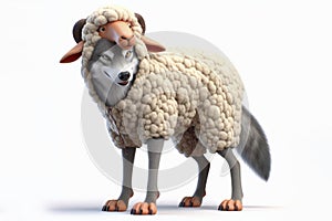 Photo 3d The wolf takes off his sheep costume Isolated on solid white background. ai generative