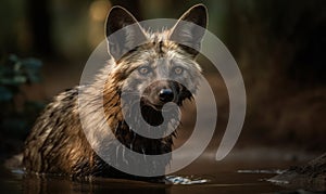 photo of aardwolf in its natural habitat outdoors standing in water. Generative AI