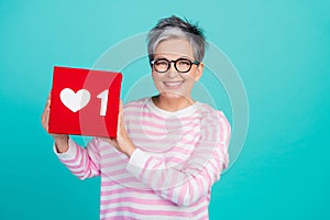 Photo of adorable good mood woman dressed pink pullover rising heart like card isolated teal color background