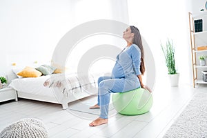 Photo of adorable lovely pregnant girl sitting on fitnessball practicing aerobics yoga retreat daylight indoors flat