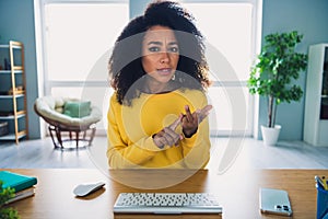 Photo of adorable lovely successful woman sitting table speaking counting tasks looking monitor camera