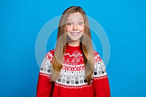 Photo of adorable nice optimistic girl with straight hairstyle dressed red pullover toothy smiling isolated on blue
