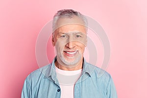 Photo of aged mature man good mood oral care whitening caries protection isolated over pink color background