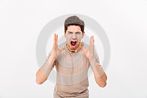 Photo of aggressive or irritated man screaming on camera while l