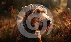 photo of Airedale terrier outdoors in the forest. Generative AI