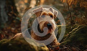 photo of Airedale terrier outdoors in the forest. Generative AI
