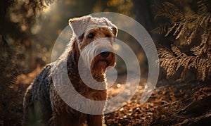 photo of Airedale terrier outdoors in the forest. Generative AI