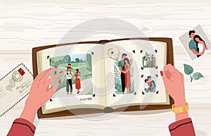 Photo album with family photographs, vector illustration in simple cartoon flat style with empty blank space at the top