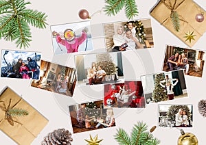 Photo album in remembrance and nostalgia in Christmas winter season on wood table.