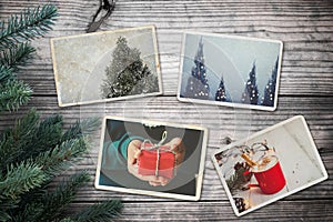 Photo album in remembrance and nostalgia in Christmas winter season on wood table. photo