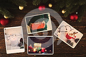 Photo album in remembrance and nostalgia in Christmas winter season on wood table.