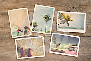 Photo album remembrance and nostalgia journey in summer surfing beach trip on wood table.