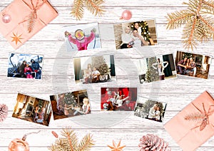 Photo album in remembrance and nostalgia in Christmas winter season on wood table.