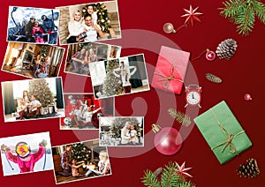 Photo album in remembrance and nostalgia in Christmas winter season on wood table.