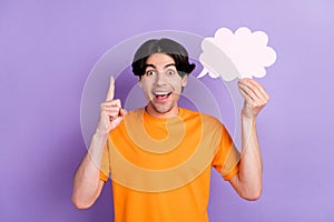 Photo of amazed shocked smart man point finger hold cloud idea plan solution isolated on purple color background
