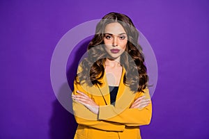 Photo of amazing glorious lovely lady with hands folded successful in business being isolated with purple background