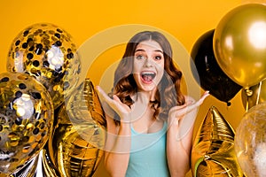 Photo of amazing lady overjoyed by friends surprise party wear tank-top isolated yellow background